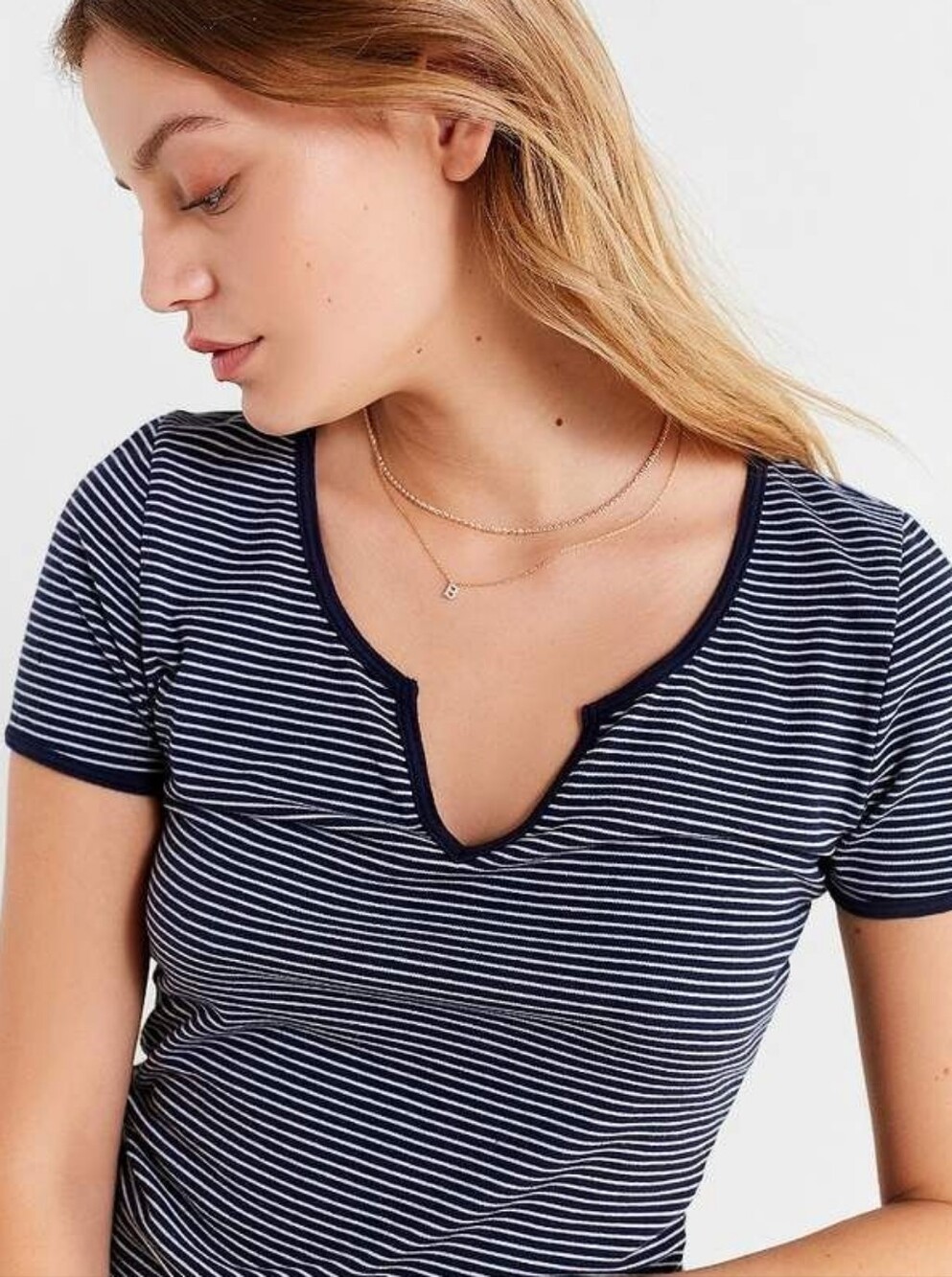 Urban Outfitters Truly Madly Deeply Navy Blue Striped V Neck Short Sleeve Top